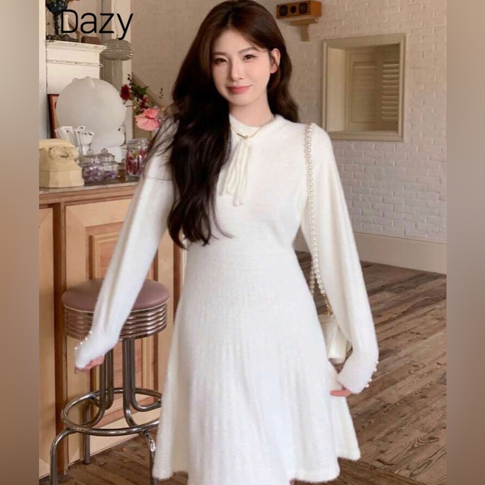 Dazy Star Solid Tie Neck Fuzzy Sweater Dress, NWT